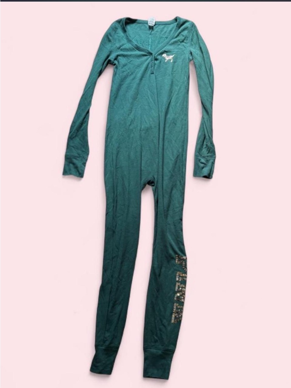 RARE VS PINK Green Sequin Thermal Waffle Knit Holiday Christmas Onesie Jumpsuit - Picture 2 of 6